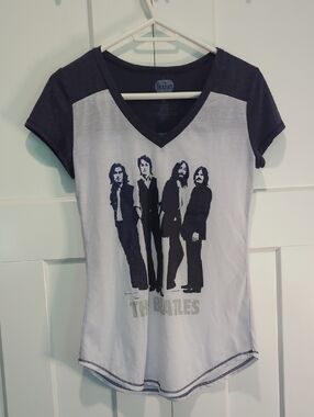 The Beatles Women's V-Neck Tee in White and Blue
